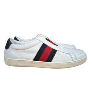 Gucci Sylvie Web Ace White Leather Men's Slip on Sneaker Size 8G